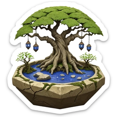 Alien spacecraft hanging-vines landscape mudman very old broken cracked intricate Stone Age rocky-crusted irregular dodecagon-shaped shallow dark moss rough bark blue willow flowered maple tree bonsai pot sticker