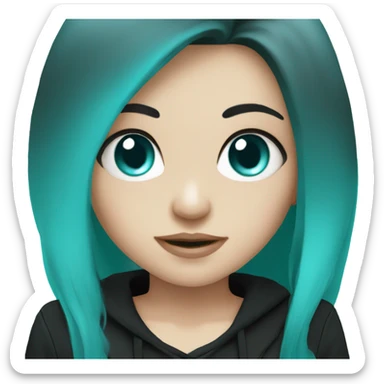 a white skinned cute girl with dark turquoise long hair, light turquoise eyes and black clothes sticker