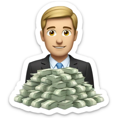 Caucasian Man standing in front of a large pile of money  sticker