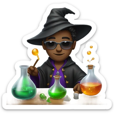 Young male wizard mixing potions and wearing sunglasses sticker