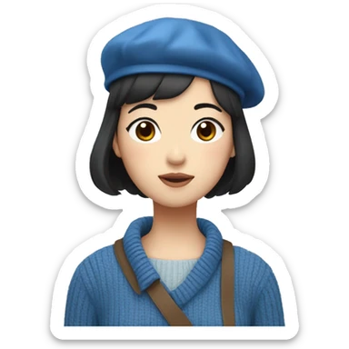 korean girl short black hair sharp jawline, wearing a blue sweater and beret sticker