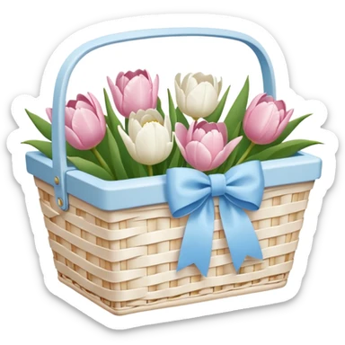 A white Picnic basket with pastel blue bow, white peonie, tulips sticker