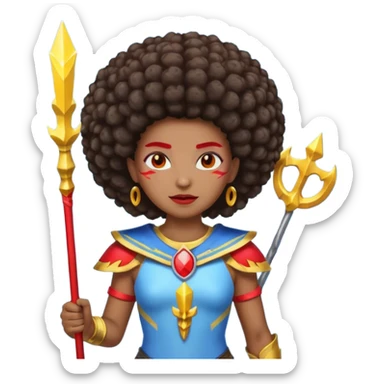Emoji metisse femboy mais plus masculin avec drapeau ukrainien arriere plan, un afro, sourcils rouge, fourche trident, et eclairs et sur fond bleu clair irrisé. sticker