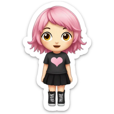 Full body Front view curvy emo girl pink hair sits on the floor straight view hands up black skirt полосатые рваные чулки sticker