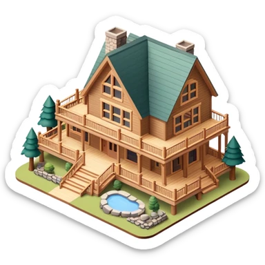 Catskills mountain lodge, isometric dollhouse-style, realistic sticker