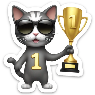 cat wearing sunglasses holding up a number ten trophy sticker