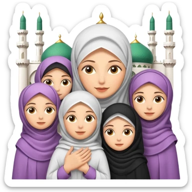 A picture of a mother with several daughters around her, the mother is wearing a veil and they are all in an Iranian Muslim mosque. Cartoon. 3D sticker