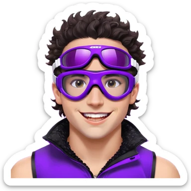 close-up of cool guy male athlete with white skin and moderately curly dark brown hair on top with shaved sides, wearing ski goggles with purple frames and very dark black lenses, winking behind the goggles, with an open mouth confident smile like a cool guy, a simple plain black chain necklace, and a completely unzipped sleeveless vest with purple and black sequin fire pattern design with no logo sticker