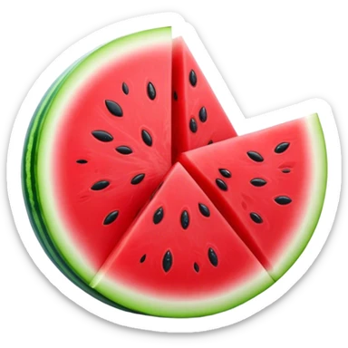 Cinematic juicy watermelon, thick slices revealing vibrant red interior, glossy and glistening with tiny black seeds, fresh and refreshing, soft glowing background, summer vibes. sticker