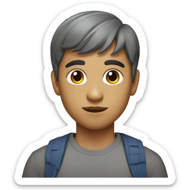 A Mexican teenager with short hair bangs and a marvel grey shirt sticker