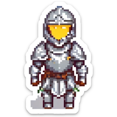 A pixel art knight in armor with a closed helmet, expressing joy. The knight's arms and legs are in different positions. The image is portrait-sized and has a clear outline. sticker