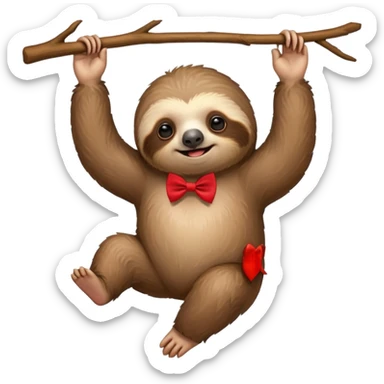 cute swinging Sloth on stick, red bow tie sticker