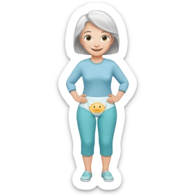 a Woman, mid 50 with light grey hair, wearing pampers (incontinence pants) sticker