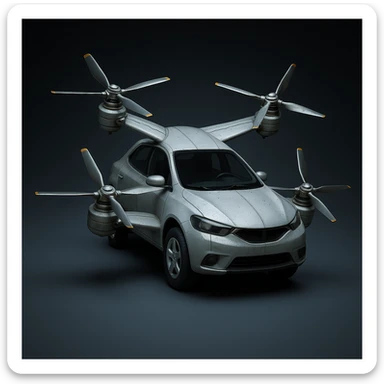 Modify this realistic flying car by moving two of the wings to the top of the car, keeping two wings on the sides, adding wheels to the car, and keeping propellers on all wings. Maintain the metallic finish and photorealistic style. sticker