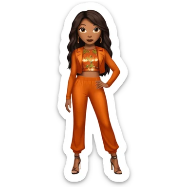 Brandy Norwood with dark brown long hair, burnt orange sequin crop top and pants sticker