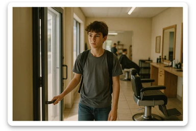 Sartaroshxonaga kirib kelayotgan o'smirin bola sartaroshxona eski ham emas yangi ham emas sticker