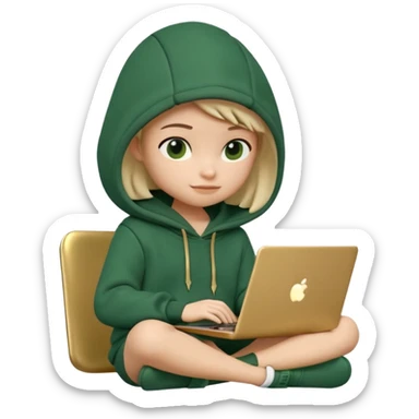 3D clay render character sitting with laptop, rounded cute design, deep green (#0B3D2C) hoodie, cream laptop, gold accents, Pixar style, transparent background sticker