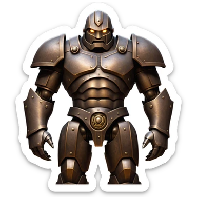 Cinematic Noble Mighty Iron Golem Portrait Emoji Poised and imposing, with a towering, metallic form forged from intricately detailed plates of burnished steel and ancient bronze, etched with faint traces of runes and weathered marks of time. Its piercing, glowing eyes radiate unwavering resolve, casting a solemn and commanding presence; rendered with lifelike texture and natural metallic highlights, high shine, elegant yet indomitable, styled with an aura of legendary endurance, focused and resolute, soft glowing outline, capturing the essence of an eternal guardian, standing vigilant and immovable as if ready to awaken at any moment with unstoppable might! sticker