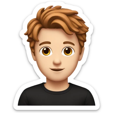 White boy with brown flippy hair. He has a black shirt with pink TCH monogram on it  sticker