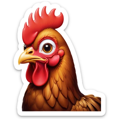 Cinematic Cute Brown Rooster Portrait Emoji, Head tilted playfully and inquisitively, featuring a glossy, immaculate brown plumage with a vibrant red comb, round, sparkling warm eyes filled with curiosity, Simplified yet irresistibly adorable features, highly detailed, glowing with a warm, friendly glow, high shine, affectionate and spirited, stylized with a touch of farmyard whimsy, bright and endearing, soft glowing outline, capturing the essence of a mischievous yet loving rooster, so playful it feels like it could strut out of the screen and into your arms! sticker
