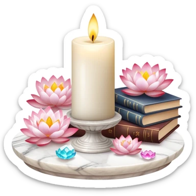 Aesthetic candles, flower petals, books, marble stand, crystal stones, lotus, feathers, zen, decoration, meditation,  sticker