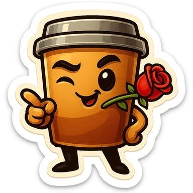 Tall coffee cup, rose in mouth, wiggle eyebrow, smirk, pointing at viewer sticker