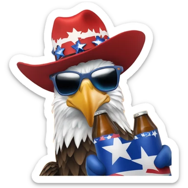 Donald Trump with a red white and blue cowboy hat with an explosion in the background and a bald eagle on his shoulder and he’s holding a beer sticker