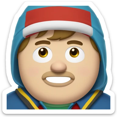 eric cartman (fat boy with white skin tone, blue and yellow poofball hat, red jacket, oval eyes, no nose and smile) sticker