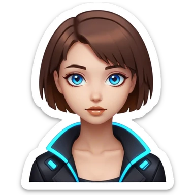 neon cyberpunk style 
girl with brown bob hair and blue eyes flirts sticker
