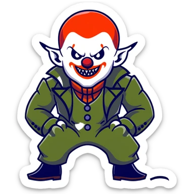 evil clown warrior, bald, small black horns on forehead, fangs, pointed ears, eye patch over one eye, long coat over black and military green leisure suit with bellbottom pants, tail, realistically proportioned, less bulky, full body visible, battle-ready fighting posture sticker