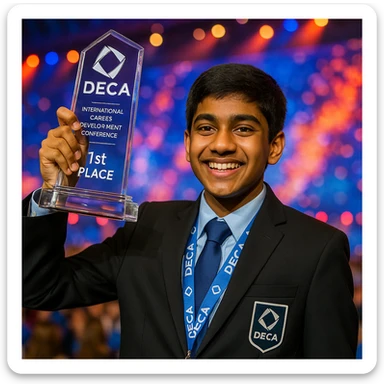 An Indian 14-year-old boy celebrating his victory at the DECA International Career Development Conference, holding up a detailed, realistic DECA glass trophy with accurate shape and etching. The boy is smiling proudly, wearing a suit and DECA lanyard. The scene is vibrant and energetic, capturing the excitement of winning first place. sticker