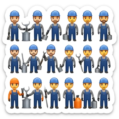 Professional custom emojis of industrial workers: welder, grinder, CNC operator, spray painter, metalworker. Modern, clean, slightly 3D style. Industrial color palette: steel gray, navy, orange. Transparent background sticker