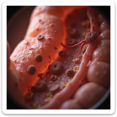 hyperrealistic 4K close-up of female intestine, various shapes and sizes of bacteria and microorganisms, inflamed walls, medical atmosphere, no parasites sticker