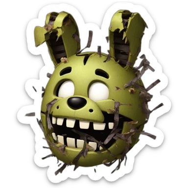 Springtrap, broken down, shattered, photorealistic, monstrous, old vhs tape sticker