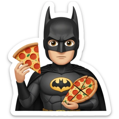 batman, wearing black ancient custome, with pizza sticker