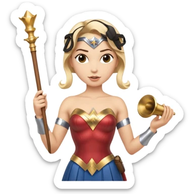 Blonde Wonder Woman holding bell and short white orchestra conductor’s baton  sticker