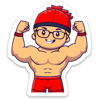 Man with black and white cap, shirtless muscular body, red shorts, clear glasses, messy light blond mullet hairstyle, flexing muscles and smiling sticker