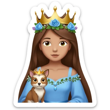 a 12 year old girl with shinny long brown hair and pretty green eyes that have long dark eye lashes wearing a sky blue gown in a beautiful forest with adorable animals and stunning roses and lilacs surrounding her as she smells the only sky blue rose she is also wearing a crown that has pearls sticker