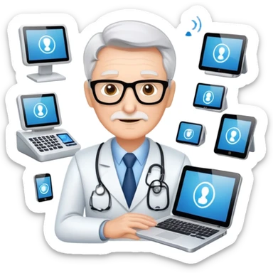 Senior IT Specialist with multiple high-tech devices, confident expression, showing leadership, advanced technical expertise sticker