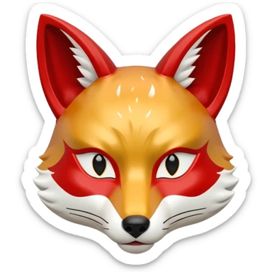 a japanese kitsune fox mask, smooth matte plastic surface, soft gradient lighting, white base with red and gold face markings, small triangular fox ears, calm and mysterious expression sticker