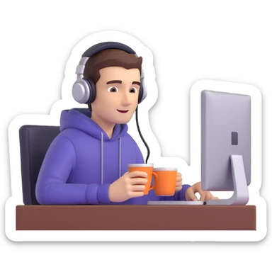 emoji ios 18, guy in headphones at computer, drinking coffee sticker