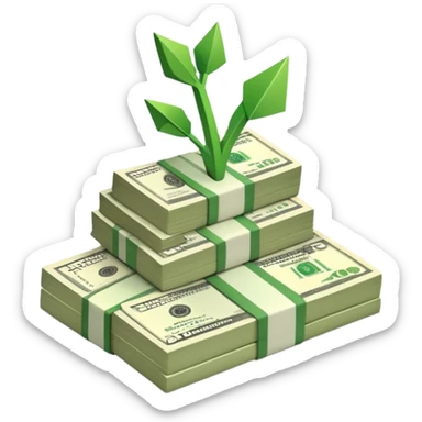 upward arrow next to a growing stack of cash money bills, financial growth sticker