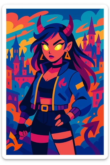 K-pop inspired Zoey, demon hunter theme, cool jacket, glowing eyes, fantasy city background sticker