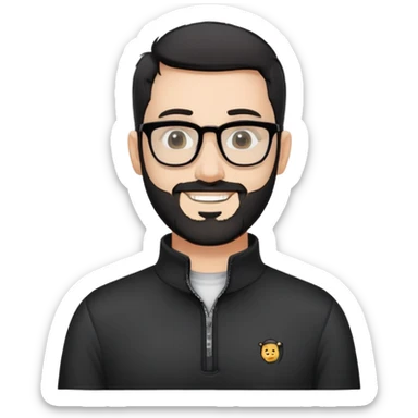 Fair-skinned man with very short buzzed black hair, short distinctly salt and pepper beard, large black-framed glasses, smiling, wearing black long sleeve quarter-zip shirt with visible zipper at collar sticker