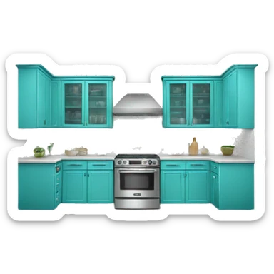 Realistic front facing turquoise kitchen with counter and hanging cabinets.  sticker