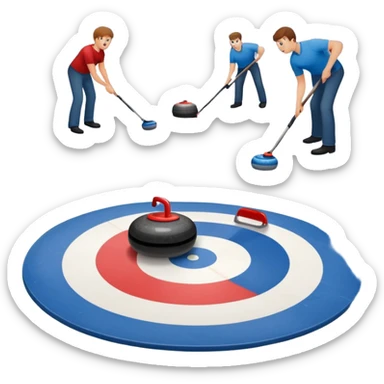 An icon showing a curling match on an indoor ice stadium, with a polished curling stone gliding toward the target and players sweeping. Spectators watch from stands, and flags hang above the rink. Transparent background highlights strategy and focus in the sport of curling. sticker