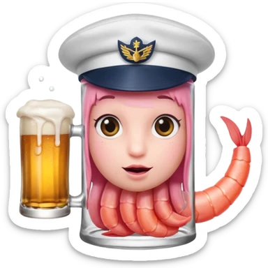 Genérame un camarón con tu tarro en mano de cerveza moderna, asomándose or un costado con cara de curiosidad  sticker