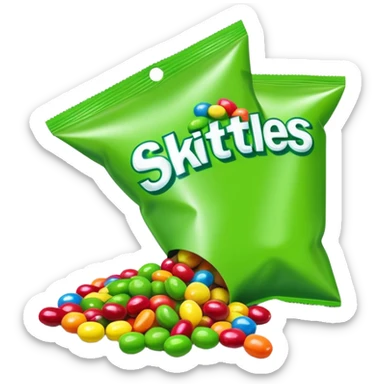 Regular colorful rainbow Skittles candy package spilling only green round candies, standard colorful Skittles packaging with only green Skittles coming out sticker