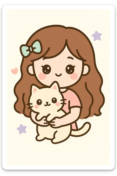 a girl with long wavy brown hair and brown eyes holding a cat, friendly and appealing style sticker