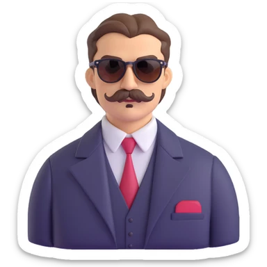 slicked-back brown haired man with a thick mustache, wearing sunglasses, looking like a mafia boss, stylish and confident sticker